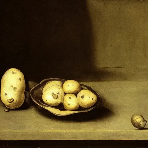 Prompt: vanitas painting of a solitaire potato contemplating it's life thus far, oil on cavnas by Pieter Claesz