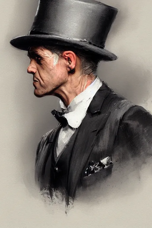 Image similar to a grey hair old halfling top hat and suit no beard by Greg Rutkowski, painting, portrait, HD, high details, trending on artstation