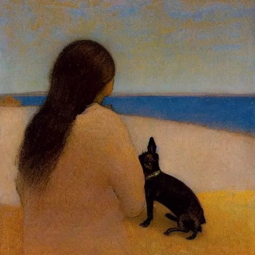 Image similar to a woman and her black and brown chihuahua looking out to sea by odilon redon