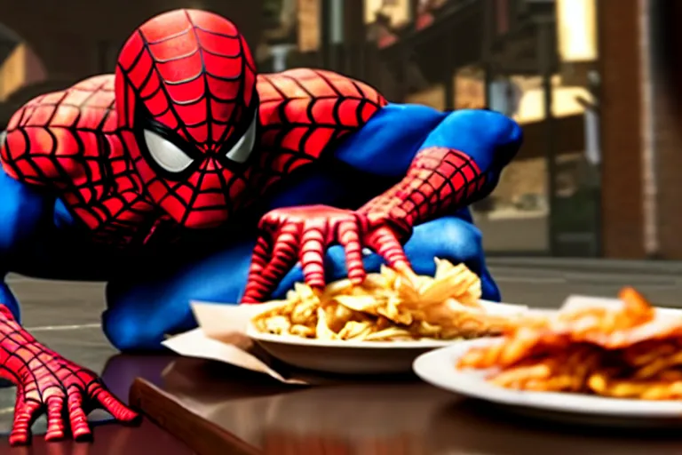 Image similar to cinematic still of spiderman eating greasy food from arby's restaurant