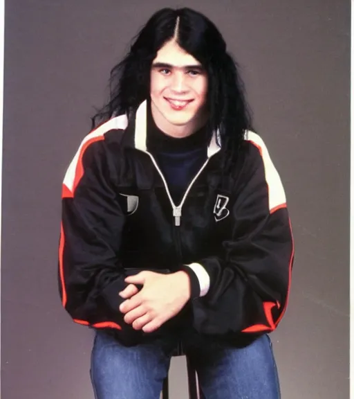 Image similar to 1 9 8 0 s highschool guy with long black hair, sports bomber jack, popular, yearbook photo