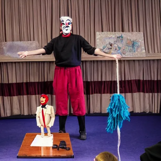 Image similar to puppet show with a puppeteer using a string marionette of a president with clown makeup in a podium