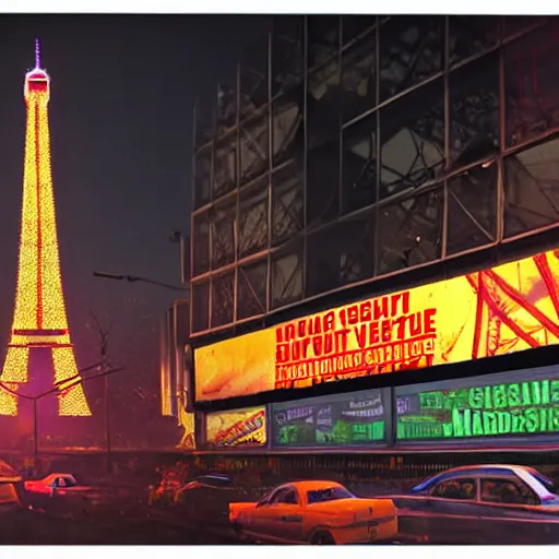 Image similar to A beautiful intricate 8K award-winning ground-level cinematic movie photograph of the future destroyed and decaying Eiffel Tower made of neon, surrounded by broken corporate video billboard displays. in the year 2050, by Bruno Delbonnel and greg rutkowski. Arri Alexa 65, IMAX 70mm footage. Dirty billboards. Cinematic lighting