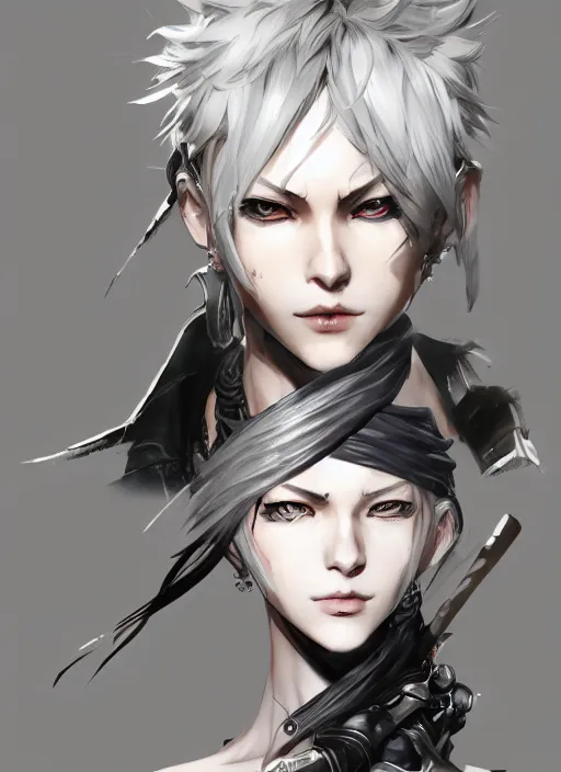 Image similar to Half body portrait of young woman with short silver hair and pirate attire. In style of Yoji Shinkawa and Hyung-tae Kim, trending on ArtStation, dark fantasy, great composition, concept art, highly detailed, dynamic pose.