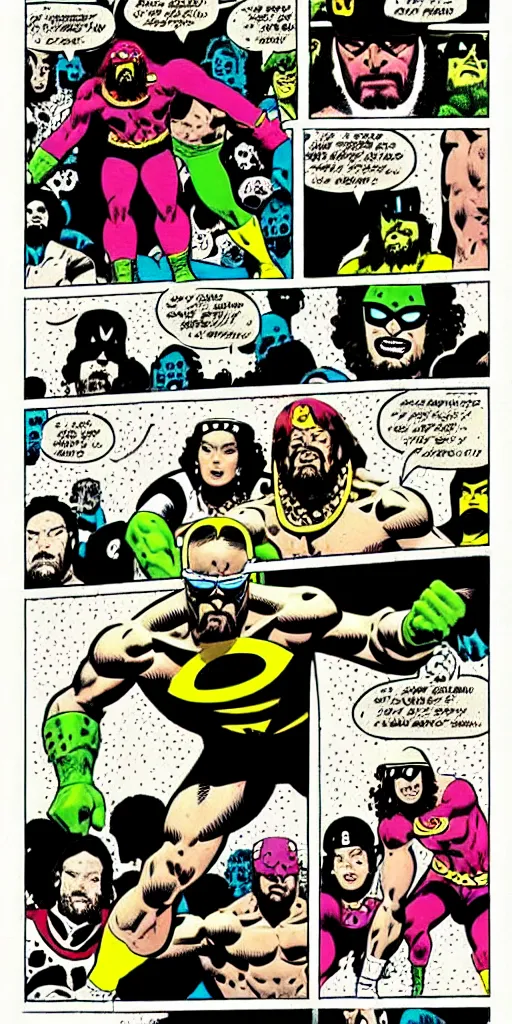 Prompt: “ ( ( ( ( ( macho man randy savage, roller skating ) ) ) ) ) comic book art by mike mignola and jack kirby!!!!!!!!!!!!!!!!!!!!! ”