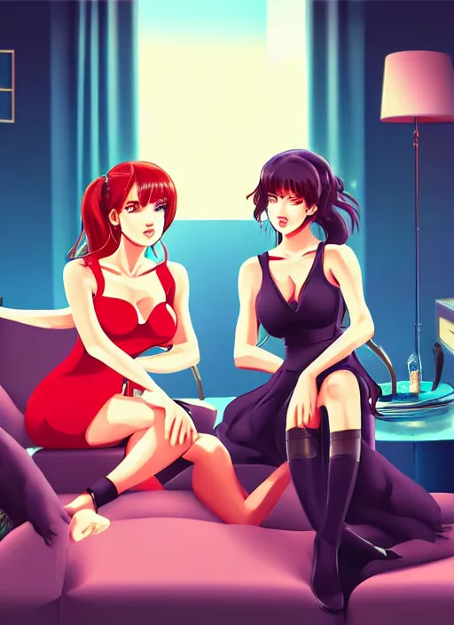 Image similar to two beautiful housewives in the living room on a hot summer evening, gorgeous faces, thick lines, cinematic lighting, detailed anime art