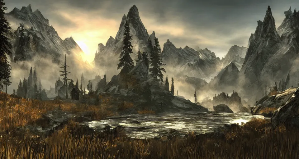 Image similar to skyrim landscape in the art style of grand theft auto five cover art digital artwork cell shaded sunset