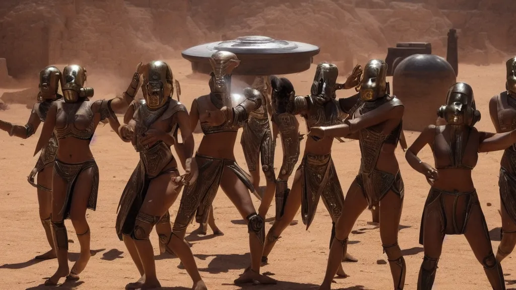 Prompt: big budget scifi movie set in ancient egypt with ufo, aliens and with female cyborg in rubber and gas mask fighting with each other