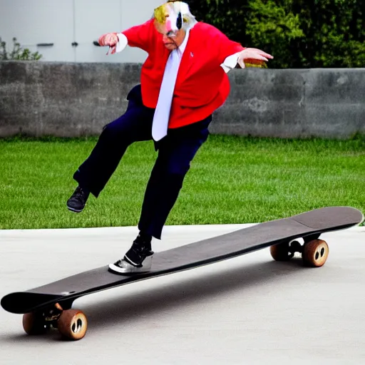 Image similar to donald trump doing a kickflip on a skateboard