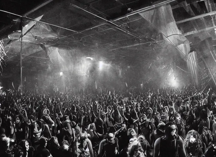 Image similar to satanic 90's underground warehouse rave, demons dancing, stage in view, laser light show, large crowd, detailed photograph