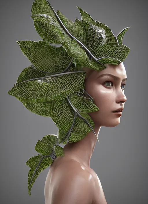 Image similar to complex intricate 3 d render hyper detailed ultra sharp of a cyborg beautiful porcelain woman with big leaves and stems in her hair, overgrown foliage, fungi pores, octane, 8 k,