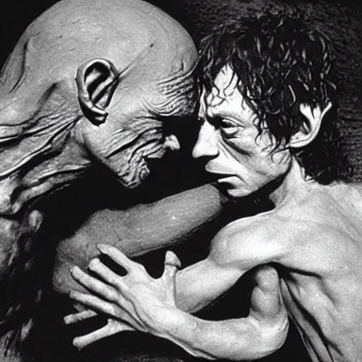 Prompt: gollum kissing frodo in lord of the rings by peter jackson, still, very photorealistic