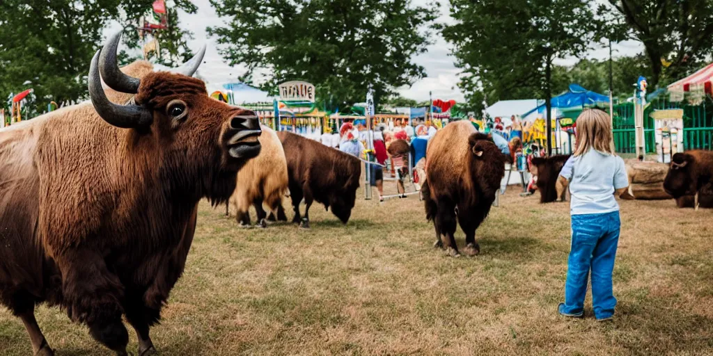 Prompt: fair rides petting zoo lone bison focus photography