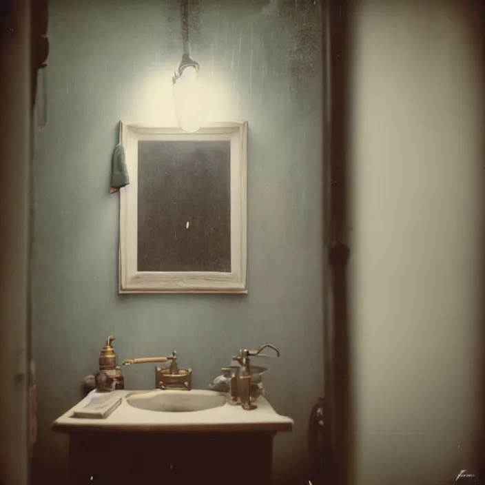 Image similar to kodak portra 4 0 0, wetplate, fisheye, award - winning portrait by britt marling, 1 9 2 0 s bathroom, ghost, picture frames, shining lamps, dust, smoke, 1 9 2 0 s furniture, wallpaper, carpet, books, muted colours, wood, fog,