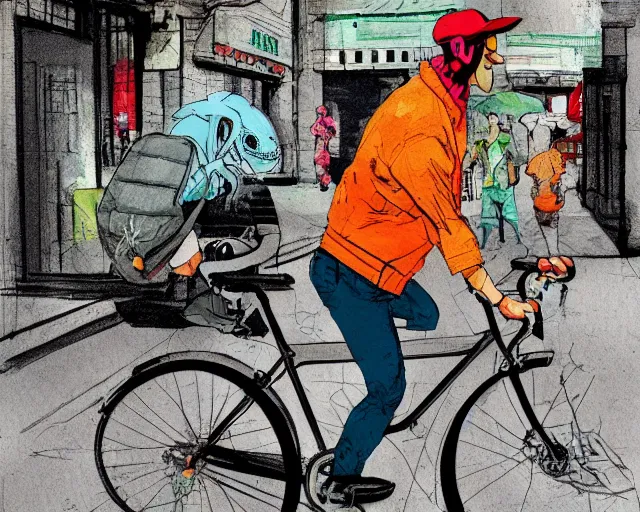 Prompt: a study of cell shaded cartoon of a food delivery cyclist on a street, side view, illustration, picture from behind, vibrant colors, post grunge, concept art by josan gonzales and wlop, by james jean, Victo ngai, David Rubín, Mike Mignola, Laurie Greasley, highly detailed, sharp focus, alien, Trending on Artstation, HQ, deviantart, art by artgem