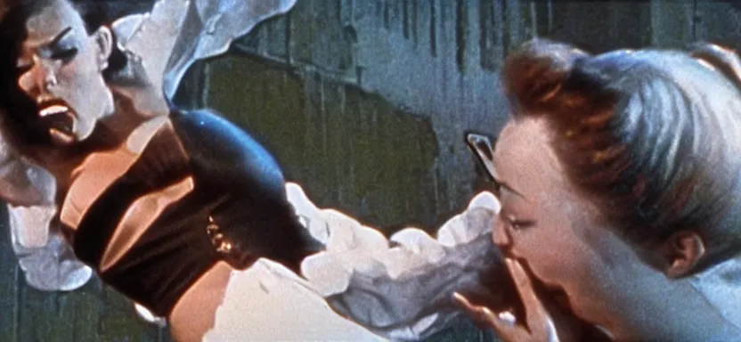 Prompt: a beautiful woman punching a monster film in a still from a roger corman film, hyperrealistic