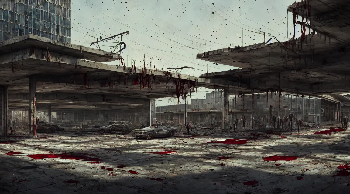 Image similar to post apocalyptic shopping center, building, avenue, extremely detailed, sharp focus, fine details, realistic shaded, depth of field, colorful, modern contemporary americana concrete architecture, by pascal blanche, greg rutkowski, shaddy safadi, neil blevins, trending on artstation, high quality, photorealistic, blood stains, crumbling, silhouettes