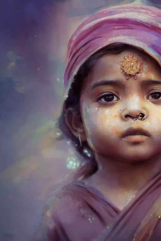 Image similar to hindu little girl, joyful, close - up portrait, intricate, elegant, volumetric lighting, scenery, digital painting, highly detailed, artstation, sharp focus, illustration, concept art, ruan jia, steve mccurry