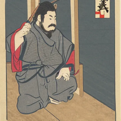 Image similar to twitch streamer forsen as homeless in Ukiyo-e style, rule of thirds