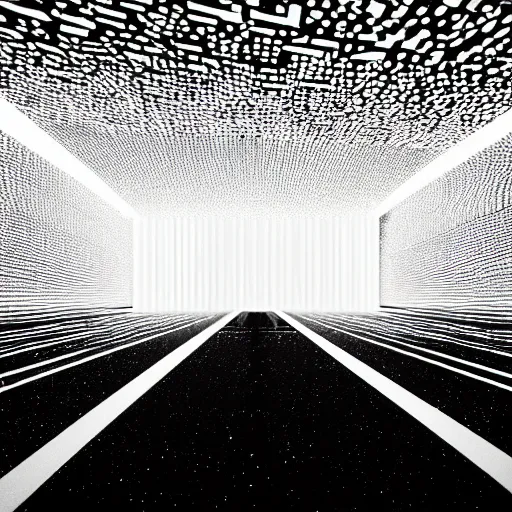 Image similar to defragmentation ( becoming whole with the glitch inside ), in the style of hiroya oku and ryoji ikeda and stanley kubrick, black and white, photorealistic, epic, super technical, 3 d render