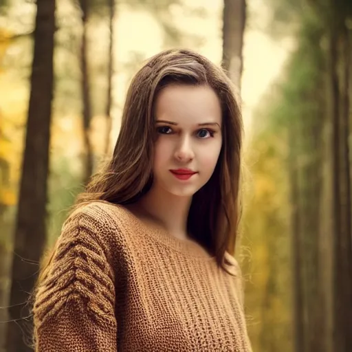 Image similar to real life photo of a beautiful girl, full body photoshoot, long brown hair, brown eyes, full round face, short smile, sweater, forest setting, cinematic lightning, medium shot, mid - shot, highly detailed, trending on artstation, unreal engine 4 k, 8 0 mm, 8 5 mm, cinematic wallpaper