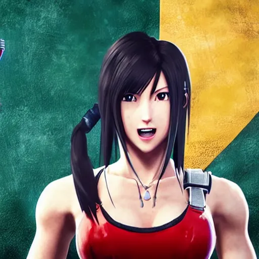 Image similar to Tifa Lockhart from Final Fantasy VII Remake (2020) laughing with the Italian flag in the background