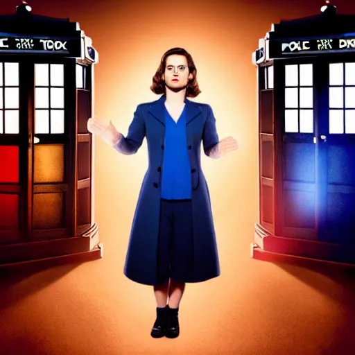 Image similar to a beautiful full body photograph of hayley atwell dressed as ( ( doctor who ) ) standing in front of the tardis, symmetrical face, extreme realism and detail, 8 k, completely framed, direct lighting, 3 5 mm photo, photorealistic, sharp focus