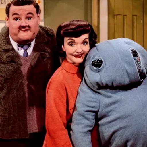 Image similar to 5 0 s tardigrade sitcom about giant tardigrades living in a house and wearing clothes. no one but tardigrades are on the show.