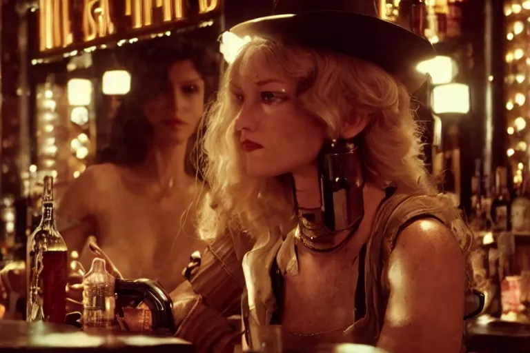 Image similar to cinematography of a beautiful cyborg woman in a vintage western bar alone asking for a drink by Neil Blomkamp