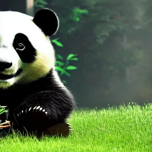 Prompt: a panda mowing the lawn, cinematic, ray traced, octane render, cinematic lighting, ultrarealistic, featured on artstation, 8 k uhd artwork