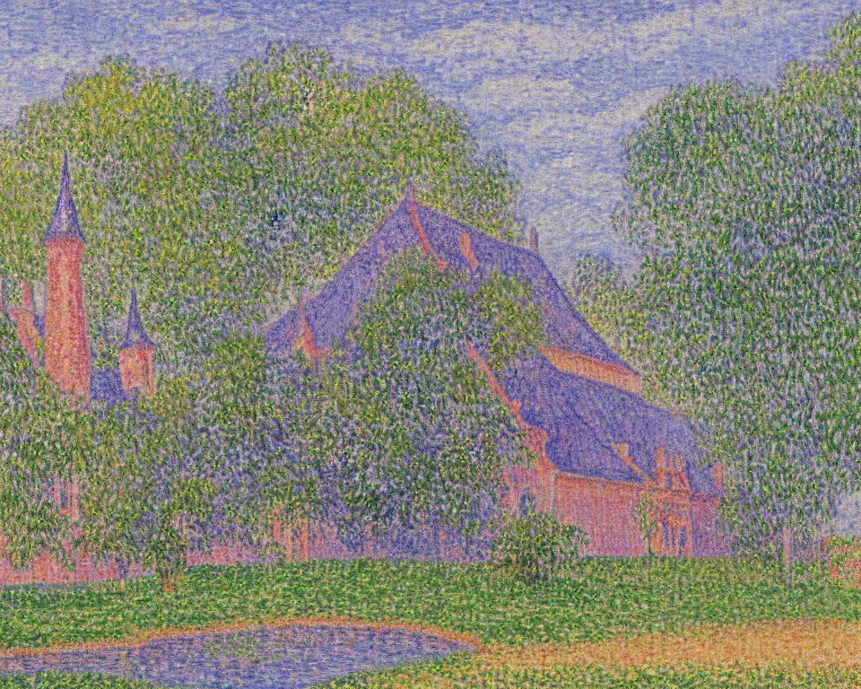 Prompt: pastel landscape painting of a chateau on top of a by Paul Signac.