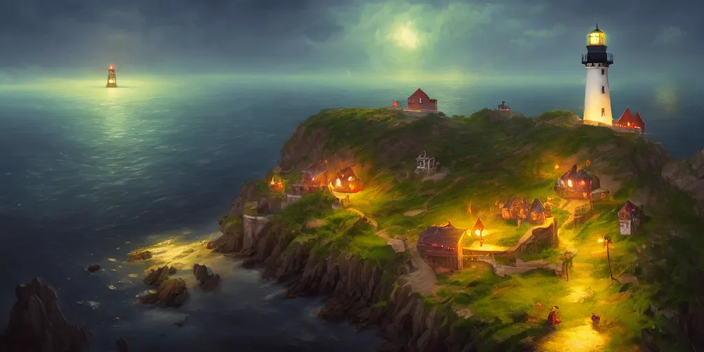 Image similar to Very small fantasy village on a cape with a lighthouse shining with green light, fishing boats, view from above. In style of Greg Rutkowski, Jesper Ejsing, Makoto Shinkai, trending on ArtStation, fantasy, great composition, concept art, highly detailed, scenery, 8K, Behance.