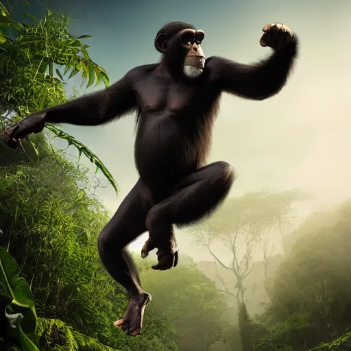 Image similar to Angry Chimpanzee Jumping, Epic Jump, Cinematic Photo, Cinematic Shot, Jungle, Foliage Boris Vallejo, Epic, 8k resolution, ArtStation, Hyperrealistic