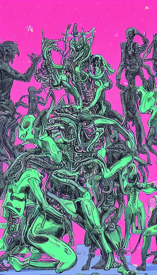 Image similar to a xenomorphic pink and green cyborg elephant playing piano in the middle of a liminal satanic landscape, a crowd of blue necromancers watching the show