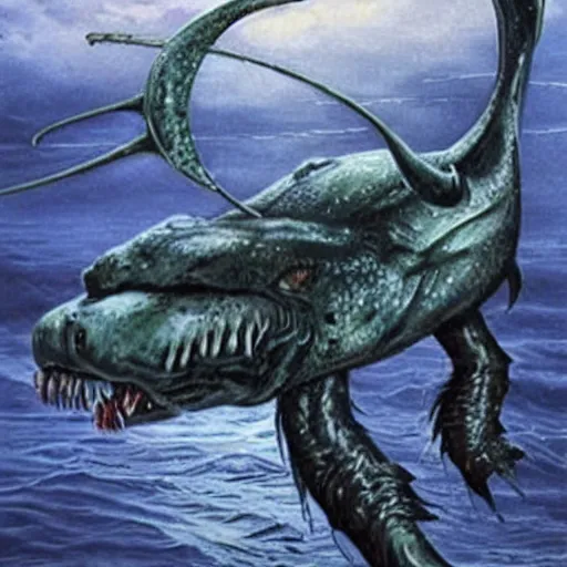 Prompt: hyper realistic sea monster with harpoons sticking out of it's skin