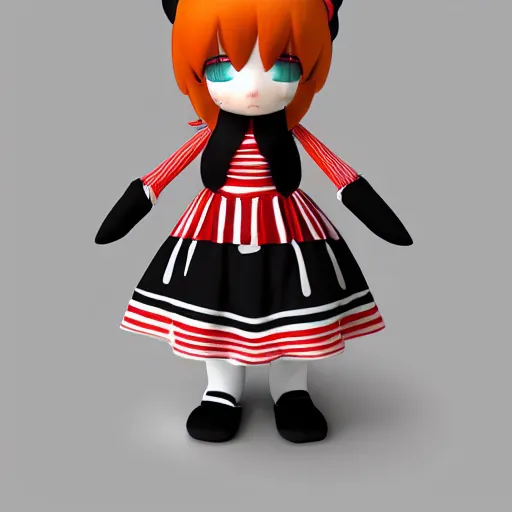 Prompt: cute fumo plush of a girl with a distinctive character silhouette, red stripes on black, cel shaded pbr, vray