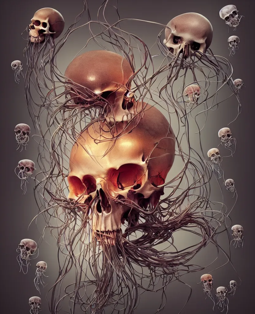 Image similar to composition of human skulls, animals skulls, bones, rib-cage. jellyfish phoenix head, nautilus, orchid, skull, betta fish, bioluminiscent creatures, intricate artwork by Tooth Wu and wlop and beeple. octane render, trending on artstation, greg rutkowski very coherent symmetrical artwork. cinematic, hyper realism, high detail, octane render, 8k