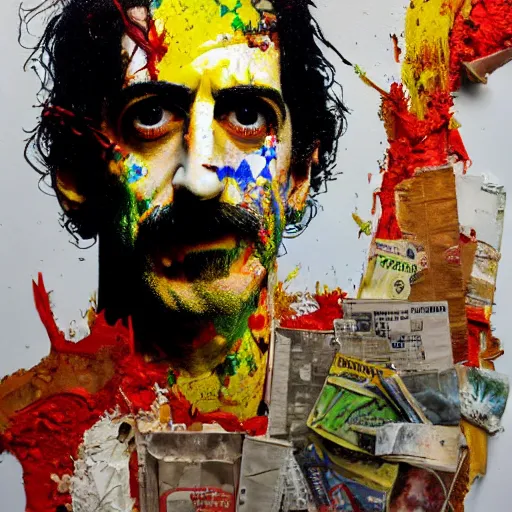 Image similar to hyperrealistic, photorealistic, mixed media oil painting of frank zappa, magazine scraps, plaster, blood, oil, mustard, splatter, greg rutkowski, basquiat, ralph steadman, wesley kimler, terry gilliam, andy warhol, wesley kimler