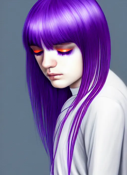 Image similar to hair whitebangs hair, black hair, whitebangs, portrait of teenage girl with white bangs, red irises, purple clothes, white bangs, bangs are different color from hair, intricate, elegant, glowing lights, highly detailed, digital painting, artstation, concept art, smooth, sharp focus, illustration, art by wlop, mars ravelo and greg rutkowski