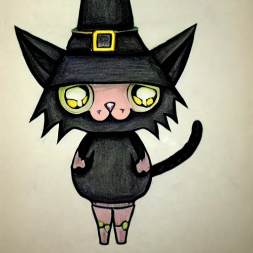 Image similar to drawing of a cat using witch hat. cartoon. cute. anime style.