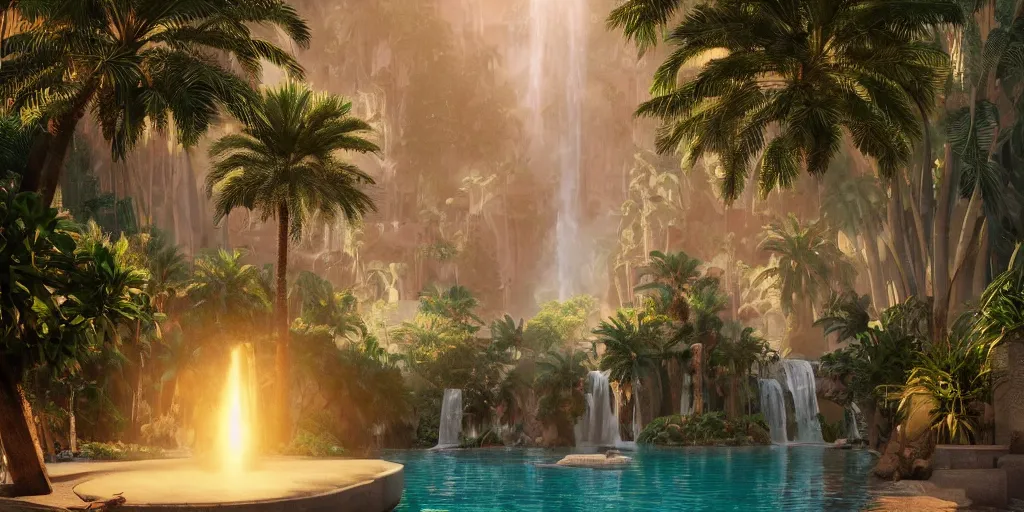 Image similar to beautiful oasis waterfalls surrounded by palm trees, moroccan tile archways, date trees, ivory towers, sun setting, ross tran, nephilim, pyroclastic flow, ethereal, fantasy, james jean, oozium, peter morbacher angelarium alchemy luxury heavenly light soft illumination, trending on artstation, cinematic lighting, digital painting, octane render, artgerm