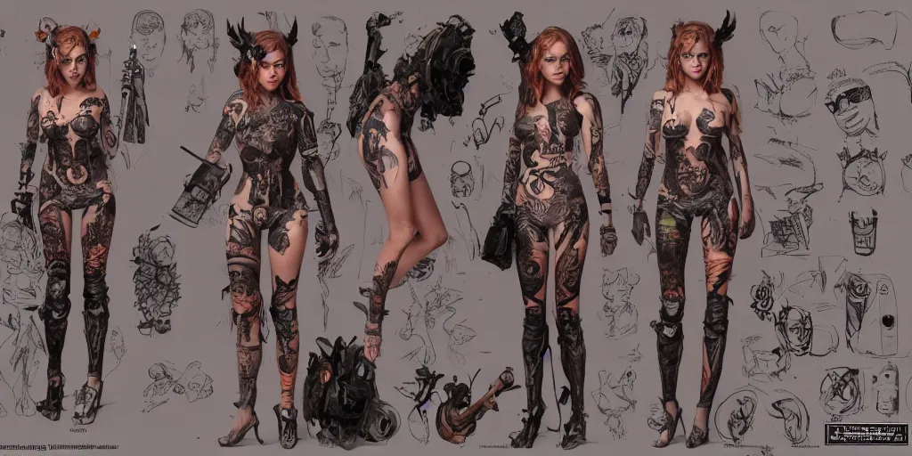 Prompt: anne winters as a tattooed post wanderer, character sheet, details, props, concept design, contrast, hot toys, kim jung gi, greg rutkowski, zabrocki, karlkka, jayison devadas, trending on artstation, 8 k, ultra wide angle, pincushion lens effect