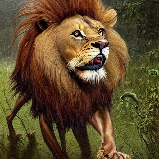 Prompt: clear portrait of a anorexic lion, hideous appearance, nature background, malnourished, cottagecore!!, background hyper detailed, character concept, full body, dynamic pose, intricate, elegant, highly detailed, digital painting, artstation, concept art, smooth, sharp focus, illustration, art by artgerm and greg rutkowski and alphonse mucha