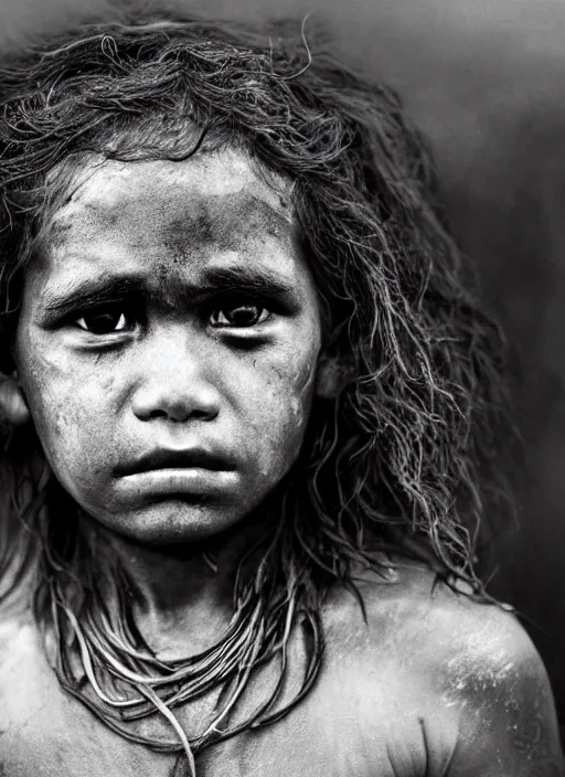 Image similar to Award winning Editorial photo of a Native Nauruans with incredible hair and beautiful hyper-detailed eyes wearing traditional garb by Lee Jeffries, 85mm ND 5, perfect lighting, gelatin silver process