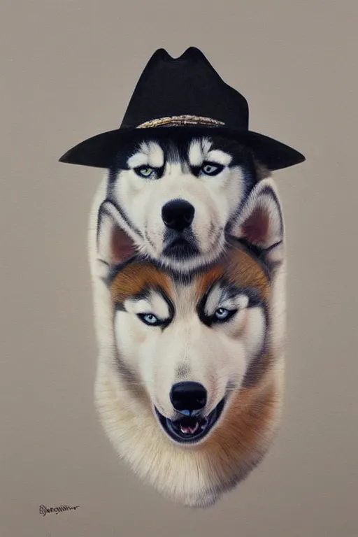 Image similar to a portrait painting of a husky in cowboy costume, wearing a cowboy hat, character design, personify, humanoid, anthropomorphic, trending on artstation