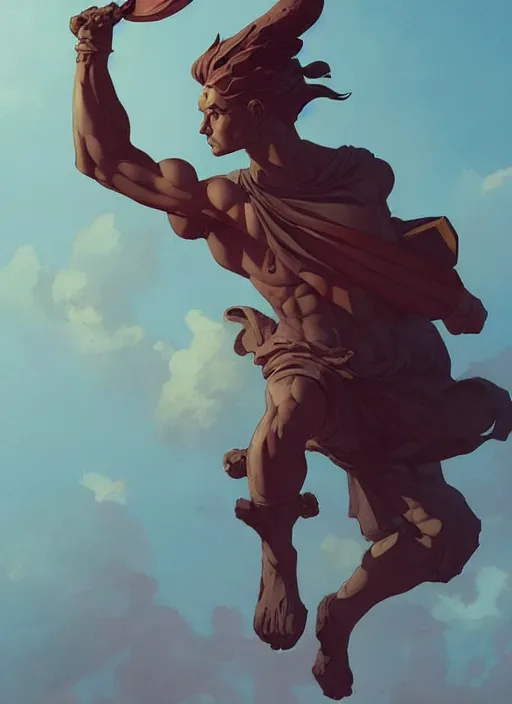 Prompt: statue of a victorious warrior raising his fisr to the sky, heroic, glorious, in the style of artgerm, gerald brom, atey ghailan and mike mignola, vibrant colors and hard shadows and strong rim light, plain background, comic cover art, trending on artstation