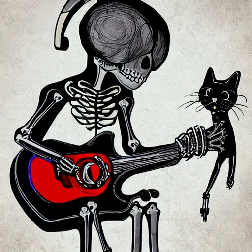 Image similar to skeleton wearing headphones watching girl playing guitar with her black cat standing next to her, digital art