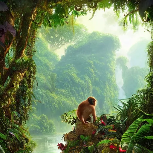 Image similar to a beautiful jungle landscape bordered by vines, flowers, tropical birds, monkey, snake, river with stunning water, d & d, fantasy, intricate, elegant, highly detailed, digital painting, artstation, concept art, matte, sharp focus, illustration, art by artgerm and greg rutkowski and alphonse mucha