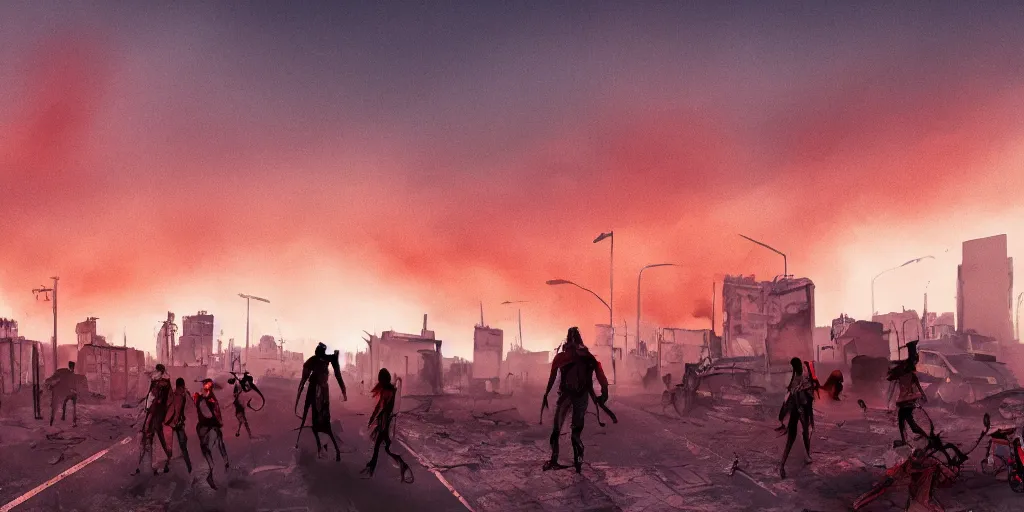 Image similar to post apocalyptic city with burning red sky with people on the streets