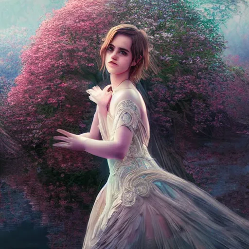 Image similar to emma watson as a beautiful young girl in intricate clothing by ross tran, walking in a castle, lake painted by sana takeda, rtx reflections, very high intricate details, painting, digital anime art, medium shot, mid - shot, composition by ilya kuvshinov, lighting by greg rutkowski
